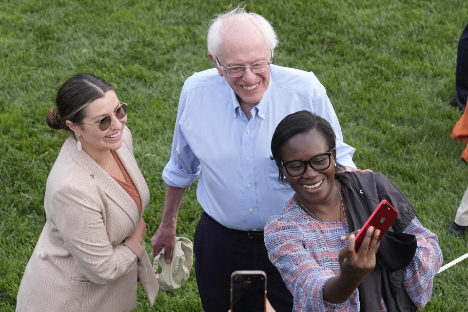 Sen. Bernie Sanders, I-Vt., center, attends a Congressional picnic on the South Lawn of the White House in Washington, Tuesday, June 4, 2024. (AP Photo/Alex Brandon)