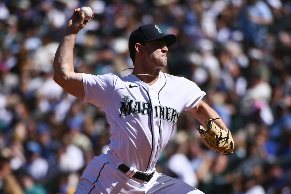 Seattle Mariners relief pitcher Matthew Festa throws during the seventh inning of the team's baseball game against the Los Angeles Angels, Saturday, Aug. 6, 2022, in Seattle. (AP Photo/Caean Couto)