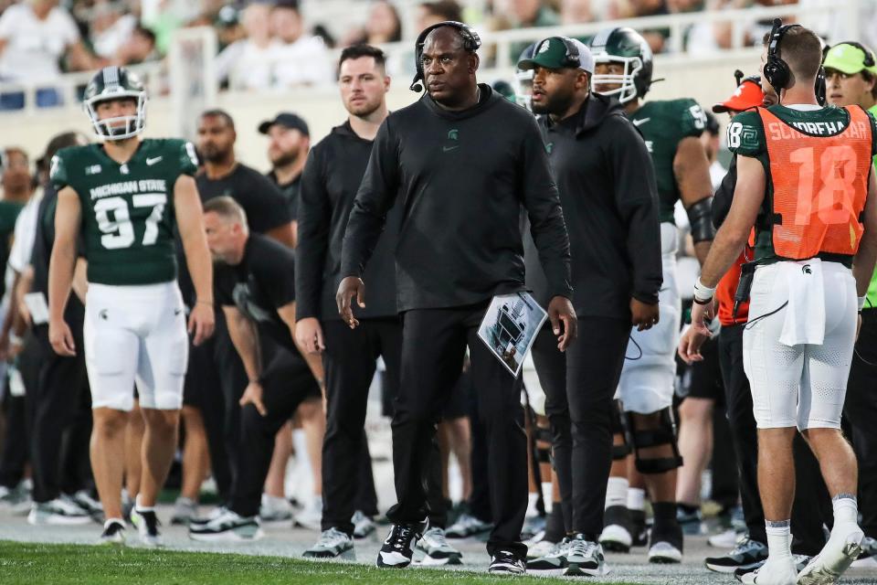 Michigan State coach Mel Tucker watches a play against Central Michigan during the first half at Spartan Stadium in East Lansing on Friday, Sept. 1, 2023.