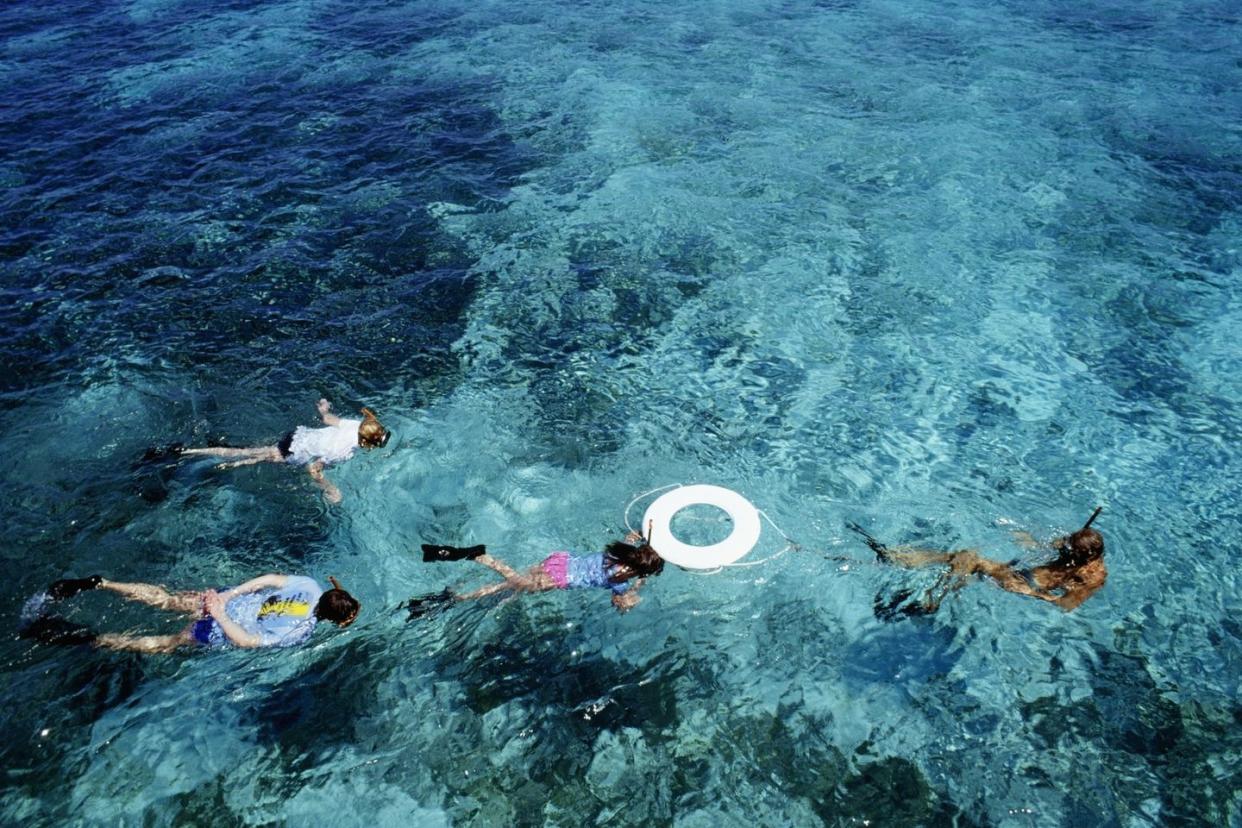 four people snorkeling against blues water as seen from above