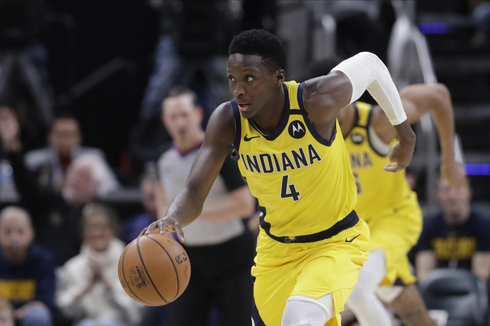 Indiana Pacers' Victor Oladipo (4) dribbles during the second half of an NBA basketball game against the Toronto Raptors, Friday, Feb. 7, 2020, in Indianapolis. Toronto won 115-106. (AP Photo/Darron Cummings)