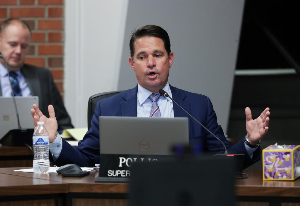 Jefferson County Public Schools Superintendent Marty Pollio addressed the issues surrounding the bus route failures on the first day of school during a meeting of the school board in Louisville, Ky. on Aug. 15, 2023.