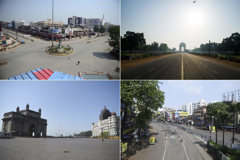 (COMBO) This combination of pictures taken and created on March 22, 2020, shows deserted (clockwise) Subhash Chowk in Allahabad, Rajpath leading to India Gate in New Delhi, road in Kolkata and Gateway of India and Taj Mahal Palace hotel in Mumbai during a one-day nationwide Janata (civil) curfew imposed as a preventive measure against the COVID-19 coronavirus. - Nearly one billion people around the world were confined to their homes, as the coronavirus death toll crossed 13,000 and factories were shut in worst-hit Italy after another single-day fatalities record. (Photo by AFP) (Photo by SANJAY KANOJIA,JEWEL SAMAD,PUNIT PARANJPE,DIBYANGSHU SARKAR/AFP via Getty Images)