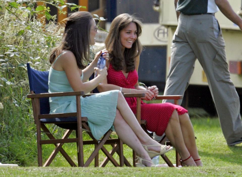 <p>On the same day, Kate and Pippa (then age 22) sat on the sidelines at the polo match. The two, along with their brother James, were a tight-knit family growing up.</p>