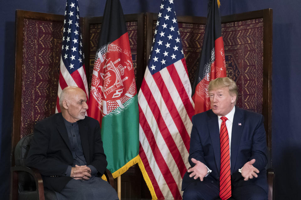 President Donald Trump speaks during a meeting with Afghan President Ashraf Ghani during a surprise Thanksgiving Day visit, Thursday, Nov. 28, 2019, at Bagram Air Field, Afghanistan. (AP Photo/Alex Brandon)