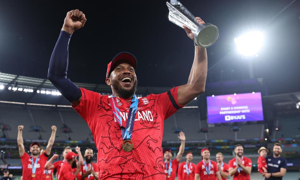 <span>Chris Jordan celebrates England’s victory over Pakistan in the T20 World Cup final in November 2022.</span><span>Photograph: Cameron Spencer/Getty Images</span>