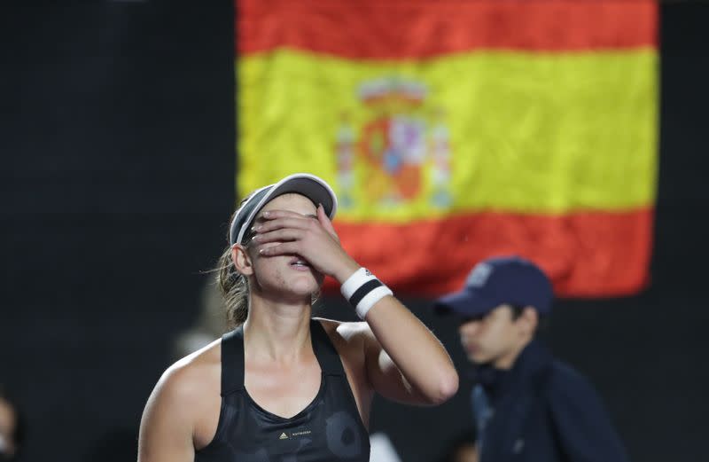 Española Garbiñe Muguruza reacciona tras ganar el torneo WTA Finals