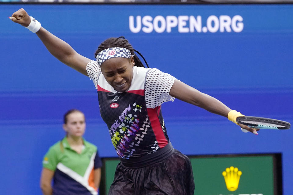 Coco Gauff, of the United States, celebrates after defeating Shuai Zhang, of China, during the fourth round of the U.S. Open tennis championships, Sunday, Sept. 4, 2022, in New York. (AP Photo/Eduardo Munoz Alvarez)