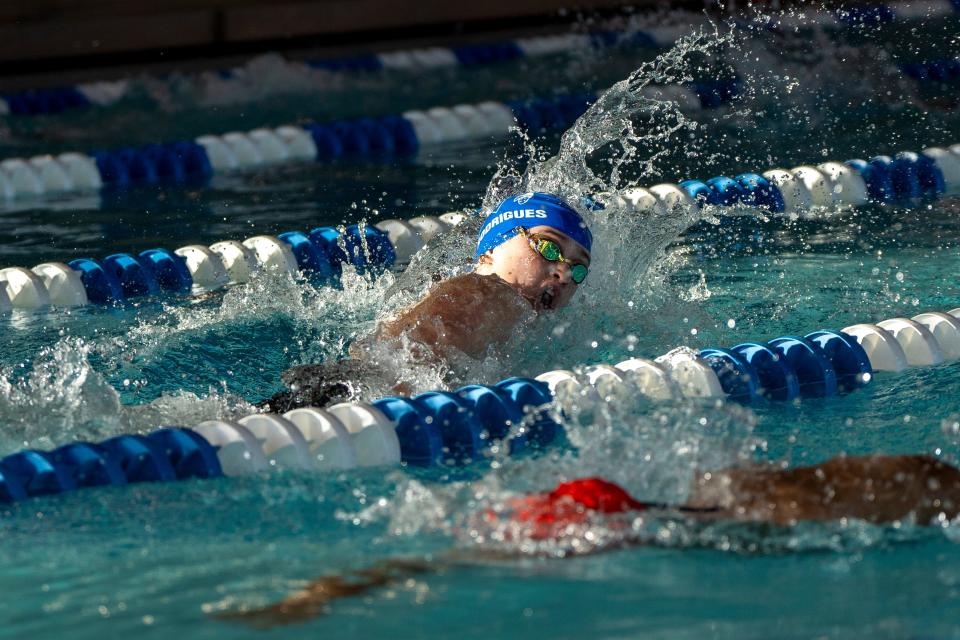 Jan 20, 2024; Wayne, NJ, USA; Sarah Rodrigues with Wayne Valley takes first in the girls 200 yard freestyle during the Passaic County swimming championships at Passaic Tech HS on Saturday.