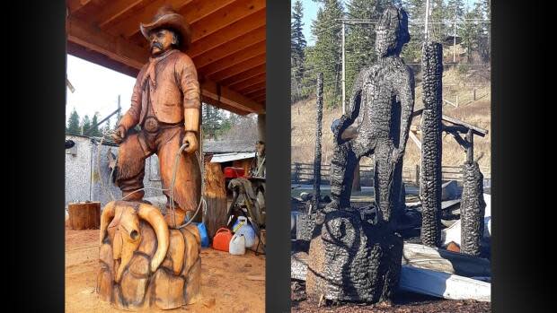The cow boss statue sculpted by B.C. wood carver Ken Sheen was ruined in a studio fire last Friday. The woodwork was destined to replace Sheen's original statue overlooking the stampede grounds in Williams Lake, B.C. (Ken Sheen - image credit)