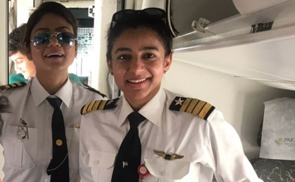 Captain Maryam Masood and First Officer Shumaila Mazhar pose for a picture to document their flight. (Photo: PIA via Twitter)