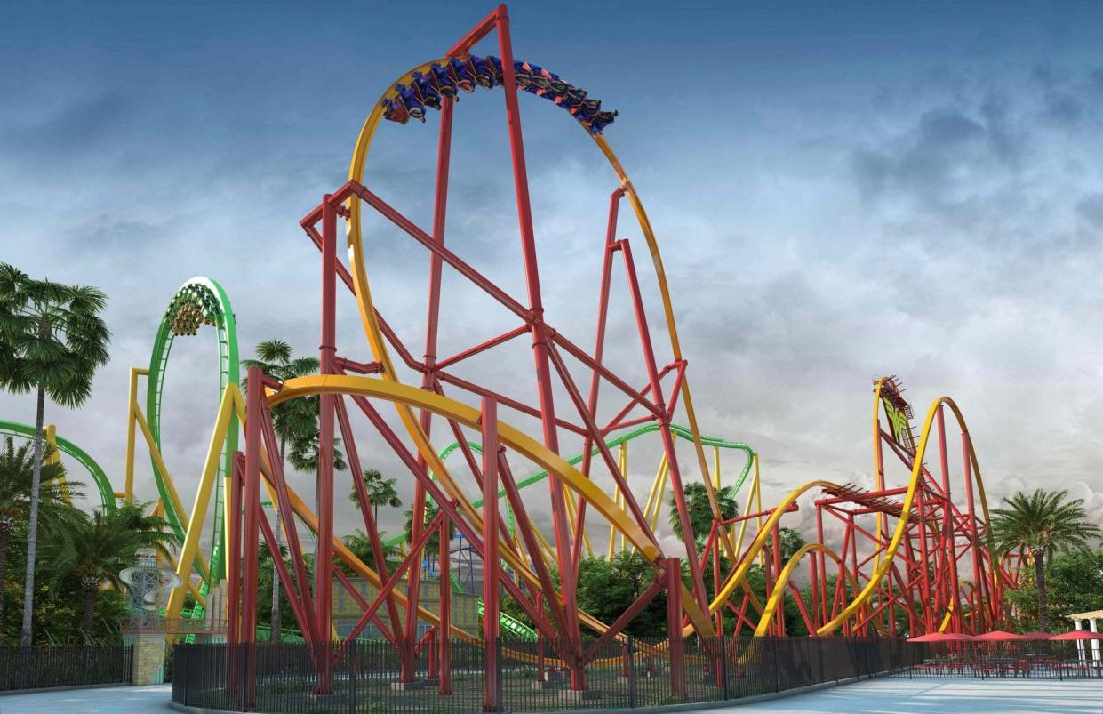 Climbing 131 feet and spanning 3,300 feet, Wonder Woman Flight of Courage will be the tallest and longest ride to feature RMC’s patented single-rail track.