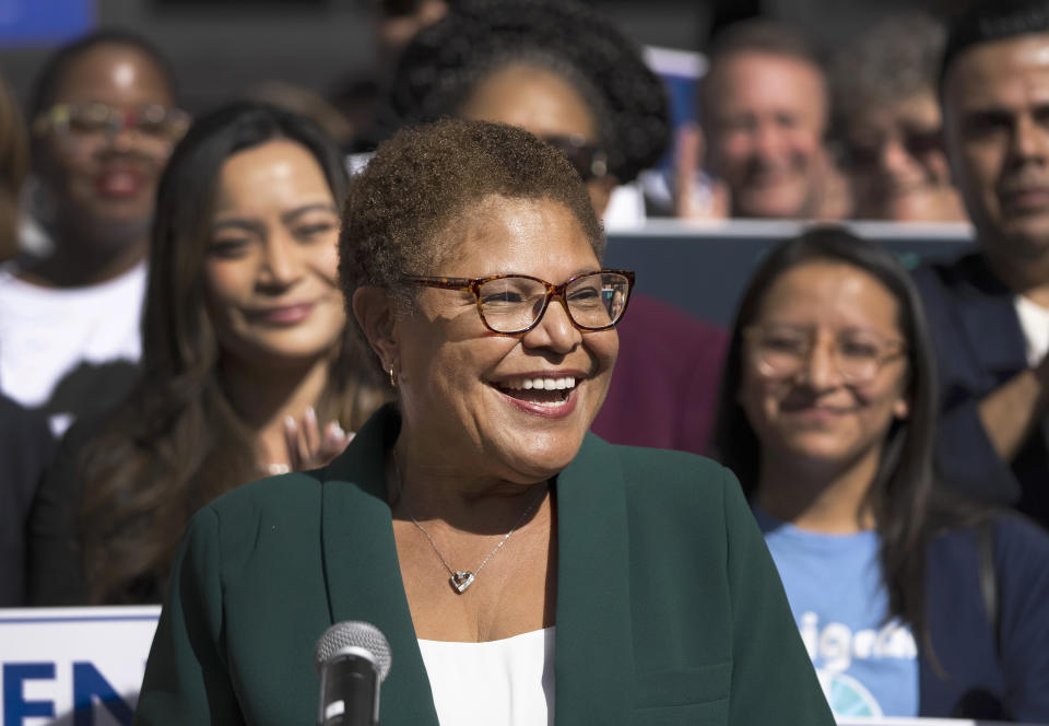 FILE - Los Angeles Mayor-elect Karen Bass speaks at a news conference in Los Angeles, Thursday, Nov. 17, 2022. Karen Bass, the first Black woman elected Los Angeles mayor, will be sworn-in as the 43rd Mayor of Los Angeles by Vice President Kamala Harris in an historic ceremony on Sunday, Dec. 11. (AP Photo/Jae C. Hong, File)