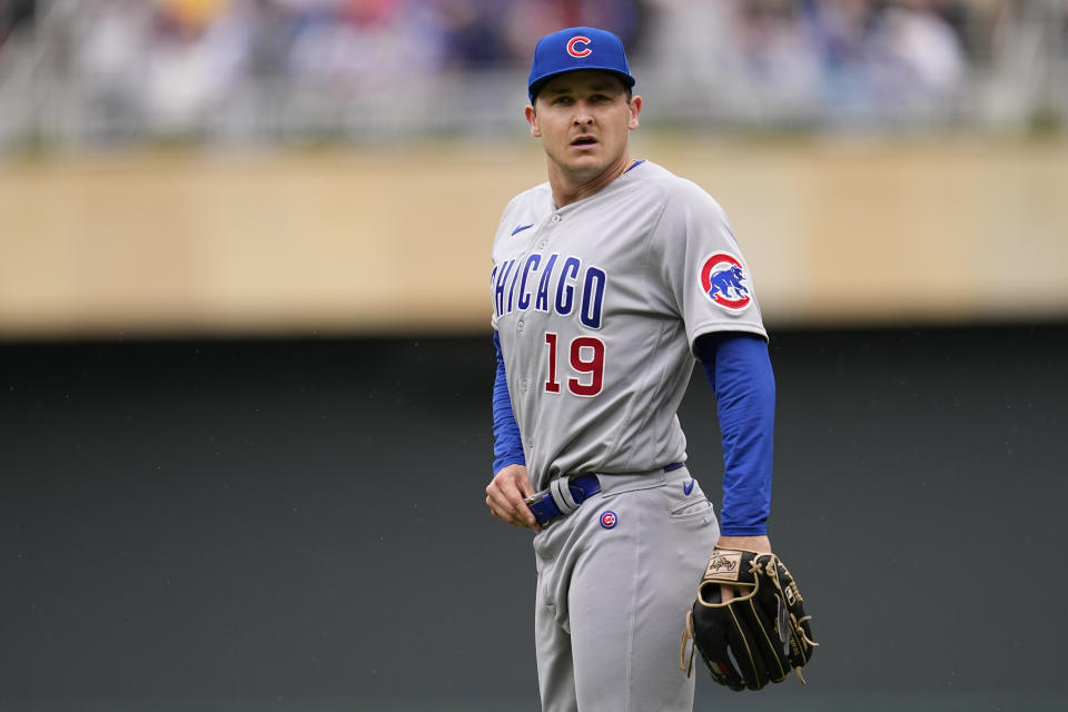 Chicago Cubs starting pitcher Hayden Wesneski (19) reacts after giving up a solo home run to Minnesota Twins' Alex Kirilloff during the first inning inning of a baseball game, Saturday, May 13, 2023, in Minneapolis. (AP Photo/Abbie Parr)