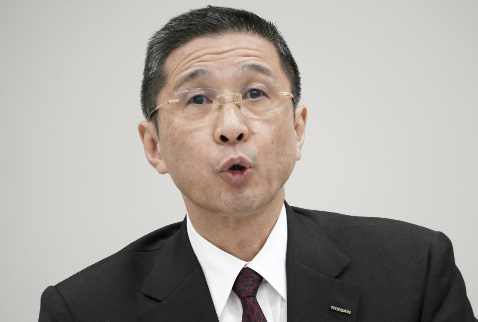 Nissan Motor Co. President and Chief Executive Officer Hiroto Saikawa speaks during a press conference at Nissan Motor Co. Global Headquarter in Yokohama, near Tokyo Thursday, Jan. 24, 2019. (AP Photo/Eugene Hoshiko)