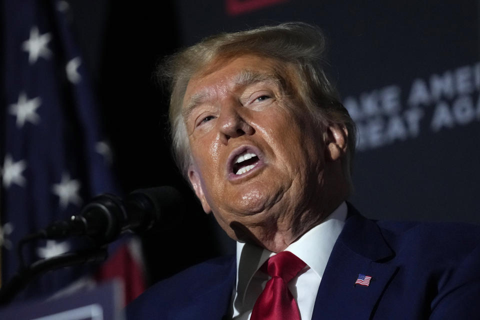 Former President Donald Trump speaks at a campaign rally, Tuesday Aug. 8, 2023, at Windham High School in Windham, N.H. (AP Photo/Robert F. Bukaty)