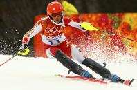 Canada's Marie-Michele Gagnon skis during the first run of the women's alpine skiing slalom event at the 2014 Sochi Winter Olympics at the Rosa Khutor Alpine Center February 21, 2014. REUTERS/Ruben Sprich (RUSSIA - Tags: SPORT SKIING OLYMPICS)