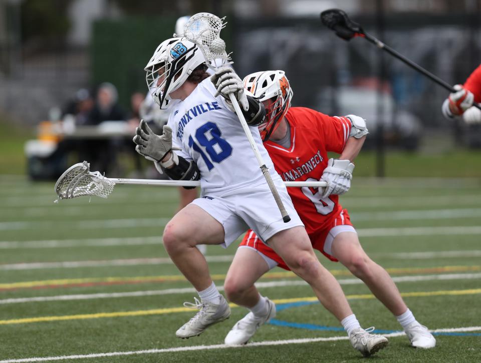 Bronxville attackman Chris Patterson makes a move during a 14-8 loss against Mamaroneck on April 21, 2022 at Bronxville High School.