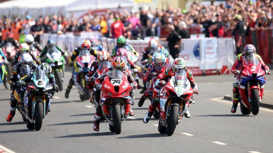An action shot from the start of a North West 200 race