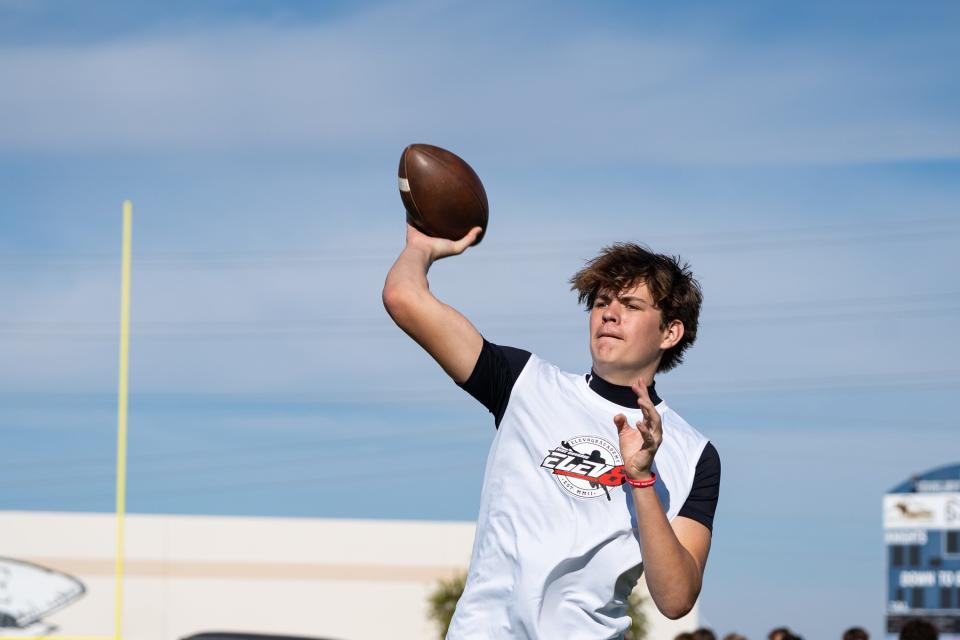 Perry High School's Diesel Taylor throws at the Elev8 Quarterback Academy winter camp at Higley High School on Jan. 6, 2024, in Gilbert.