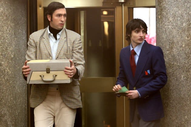 Nicholas Braun and Finn Wolfhard on the set of 'Saturday Night' outside the NBC Studios. - Credit: Jose Perez/Bauer-Griffin/GC Images