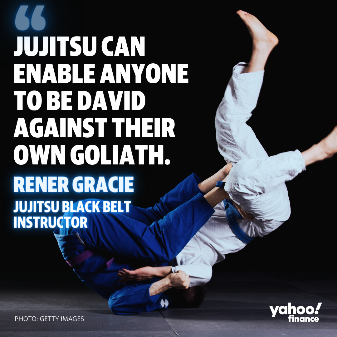 A photo illustration of two people practicing jujitsu overlaid with a quote from a black belt instructor.