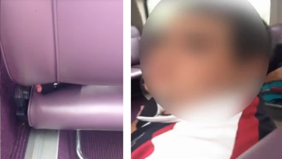 The woman woke up to find the man sitting in front of her not-so-secretly filming her through a gap in his chair. Photo: Facebook