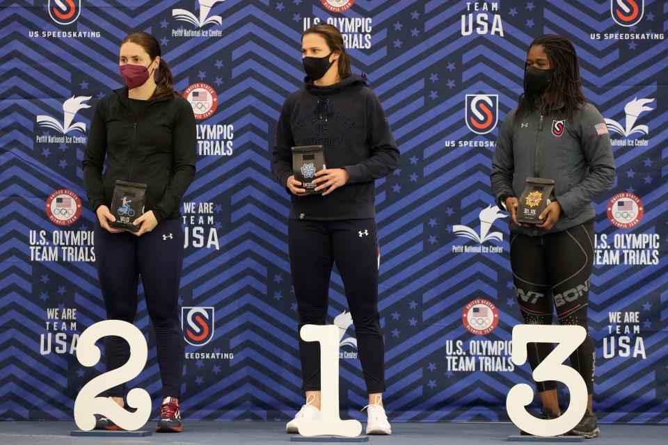 (From left to right) Kimi Goetz, Brittany Bowe and Erin Jackson stand on the podium following the Women's 500-meter event at the U.S. Olympic speedskating trials on Jan. 7.
