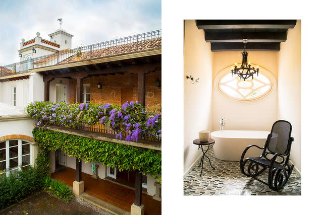 <p>Joaquin Trujillo</p> From left: The courtyard of Villa Bokéh, a hotel in Antigua Guatemala; the bathroom in a Villa Bokéh suite.