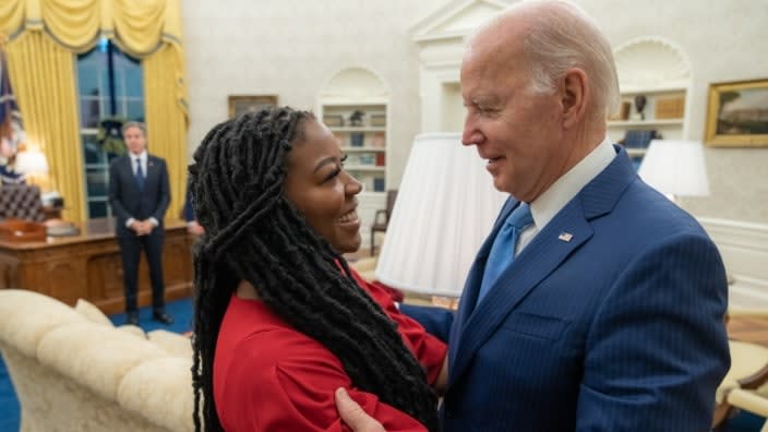 President Joe Biden meets with Cherelle Griner in the White House Oval Office last Thursday amid news of Brittney Griner’s release from Russian detention. Cherelle Griner took to Instagram over the weekend to express gratitude to the administration and many others after being reunited with her wife. (Photo: Adam Schultz/The White House via Getty Images)