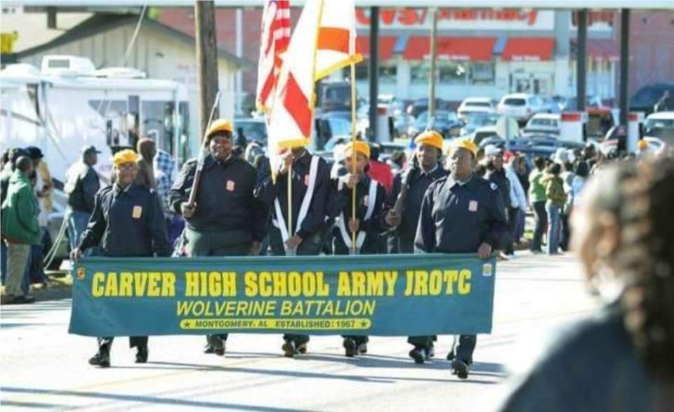 The Carver High School Army JROTC marches in the Lacey-Boyd New Year's Day Parade in Montgomery.