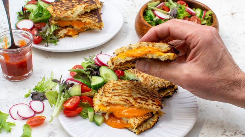 cauliflower grilled cheese with hand