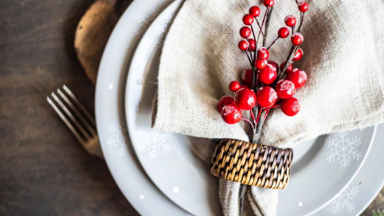 rustic christmas place setting on a wooden table