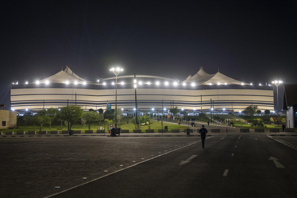 A general view of the Al Bayt Stadium in Al Khor, Qatar, Monday, Dec. 6, 2021. Qatar has built eight stadiums for this World Cup and created an entire new city of Lusail where the final will be held. (AP Photo/Darko Bandic)