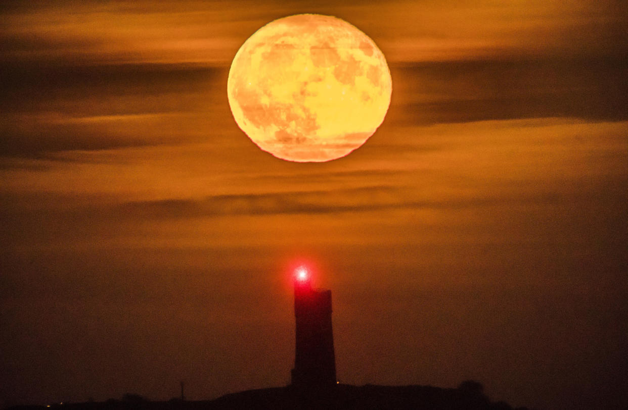 A full November moon, which is known as a Beaver's Moon according to the native north Americans, rises behind the Grade II listed Victoria Tower on the summit of Castle Hill in Huddersfield. (Photo by Danny Lawson/PA Images via Getty Images)