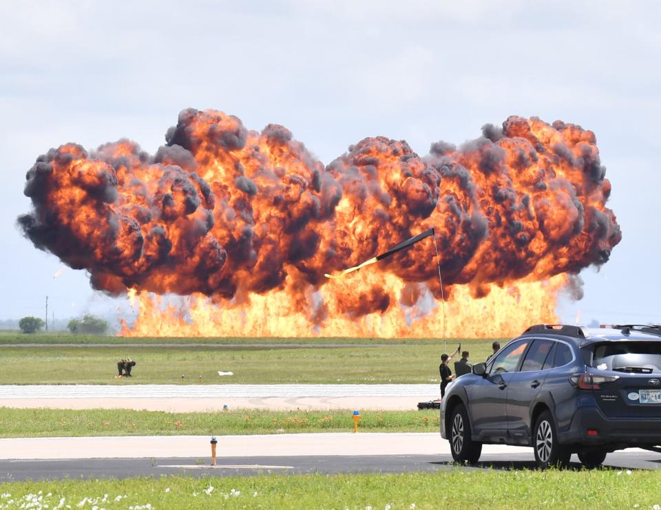 A bombing display during the Guardians of Freedom air show at Sheppard Air Force Base in Wichita Falls on Sunday, April 28, 2024.