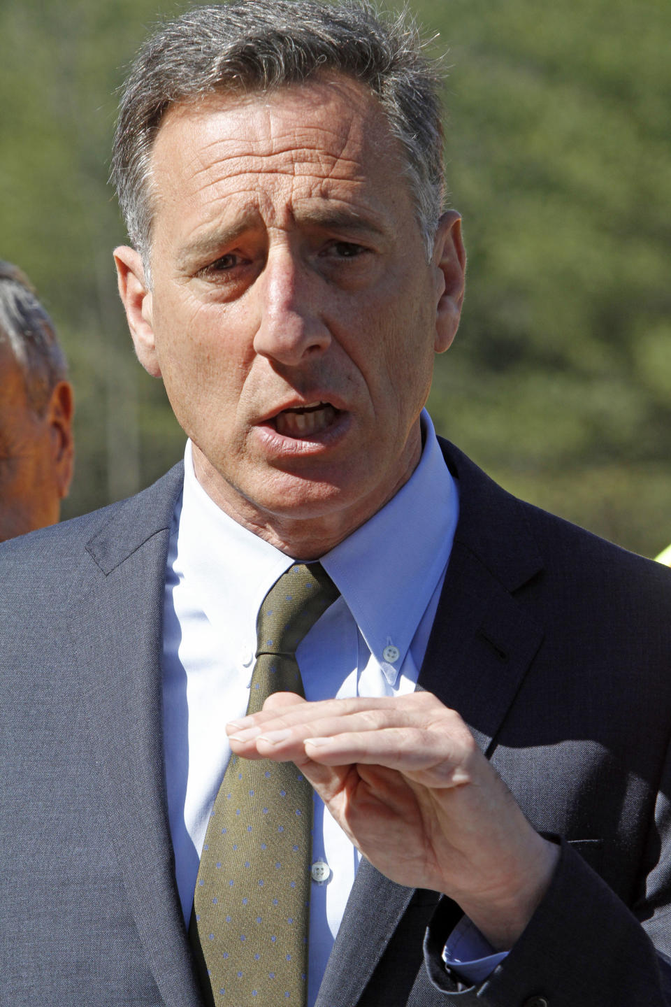 Gov. Peter Shumlin comments on the anniversary of the Vermont Yankee power plant Wednesday, March 21, 2012 in Berlin, Vt. Vermont Yankee's initial 40-year license expires Wednesday. It has won approval from the federal Nuclear Regulatory Commission to operate an additional 20 years. The state Public Service Board has yet to rule on the plant's future, but it's expected the Vernon reactor will continue operating in the meantime. (AP Photo/Toby Talbot)