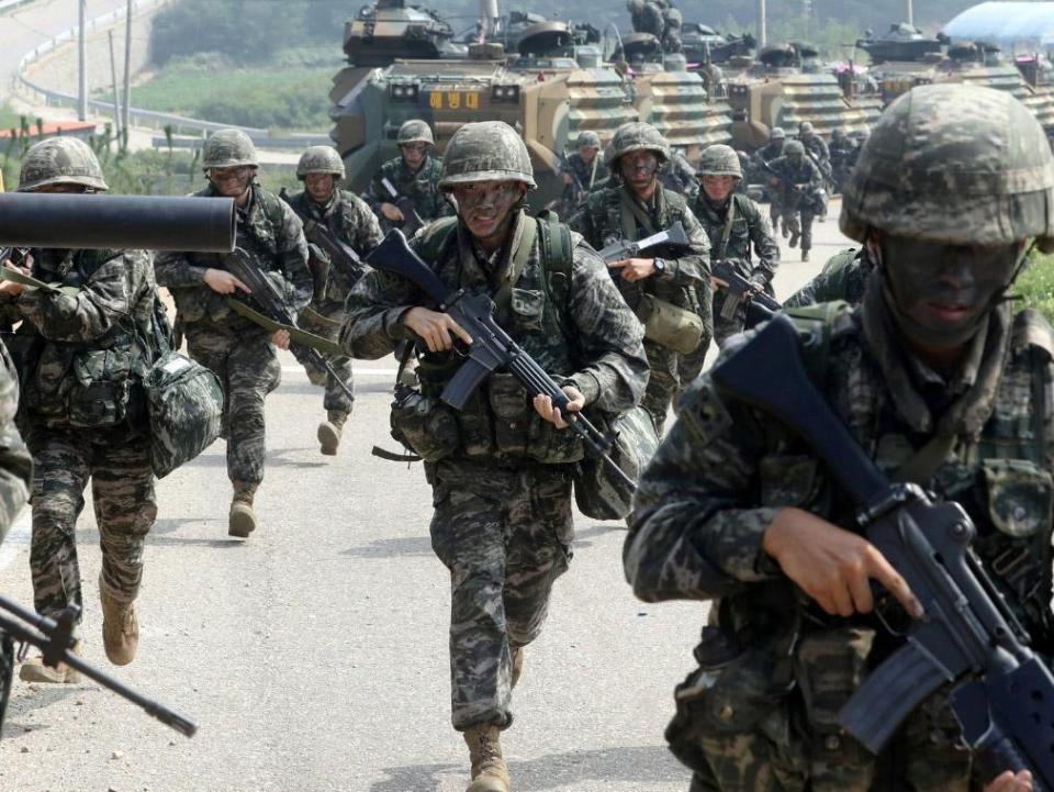 South Korean marines during a military exercise on Baengnyeong Island, near the disputed sea border with North Korea, last week (Choi Jae-gu/Yonhap/Reuters)