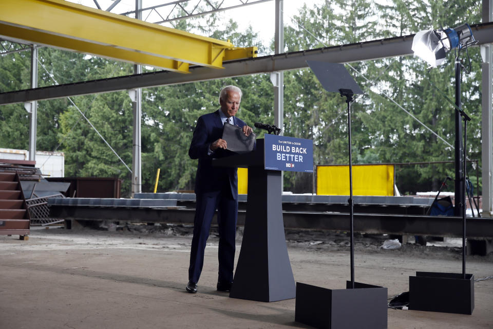 Democratic presidential candidate former Vice President Joe Biden finishes speaking at McGregor Industries in Dunmore, Pa., Thursday, July 9, 2020. (AP Photo/Matt Slocum)