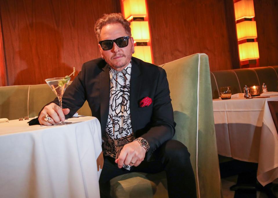 Palm Springs resident Matt Sorum, former drummer of Guns N' Roses and The Cult, sits in a booth at Mr. Lyon's Steak House in Palm Springs, Calif., on July 14, 2021. Sorum will perform at the "Rock the Plaza" benefit at the Plaza Theatre on November 11, 2022.