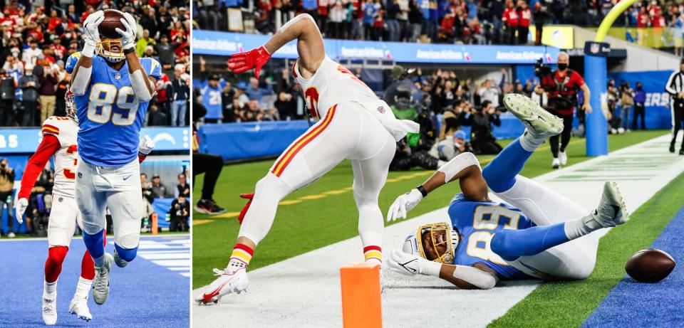 Charger Donald Parham loses control of the football after falling to the turf and banging the back of his head in December.