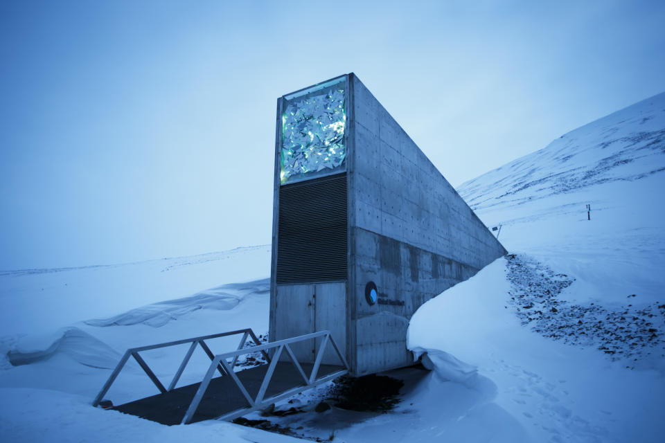 FILE - Exterior view of the Svalbard Global Seed Vault, the secure seed bank on Svalbard, Norway, March 2, 2016. Two men who were instrumental in the “craziest idea anyone ever had” of creating a global seed vault designed to safeguard the world's agricultural diversity will be honored as the 2024 World Food Prize laureates, officials announced Thursday, May 9, 2024, in Washington. (Heiko Junge/ NTB scanpix via AP, File)