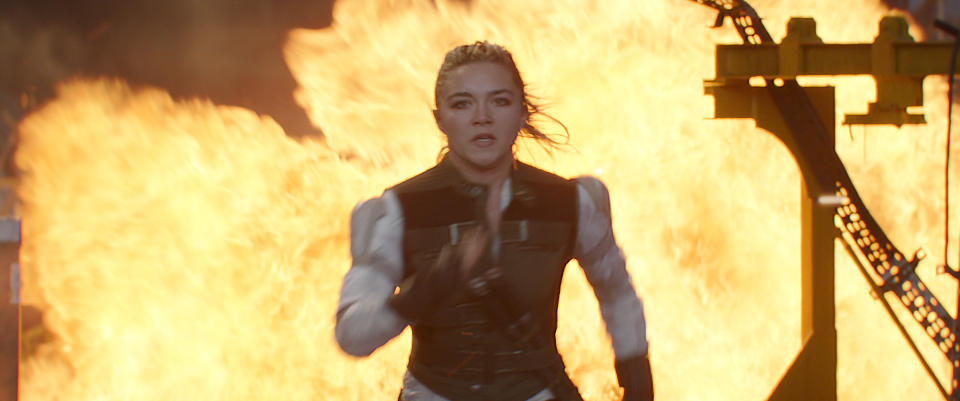 This image released by Marvel Studios shows Florence Pugh in a scene from "Black Widow." (Marvel Studios-Disney via AP)