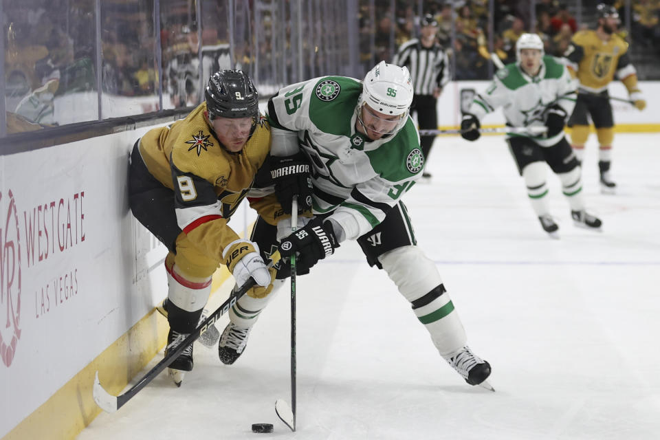 Vegas Golden Knights center Jack Eichel (9) and Dallas Stars center Matt Duchene (95) collide during overtime in Game 3 of an NHL hockey Stanley Cup first-round playoff series Saturday, April 27, 2024, in Las Vegas. (AP Photo/Ian Maule)
