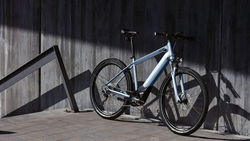 A photo of a pale blue BMW electric bike. 