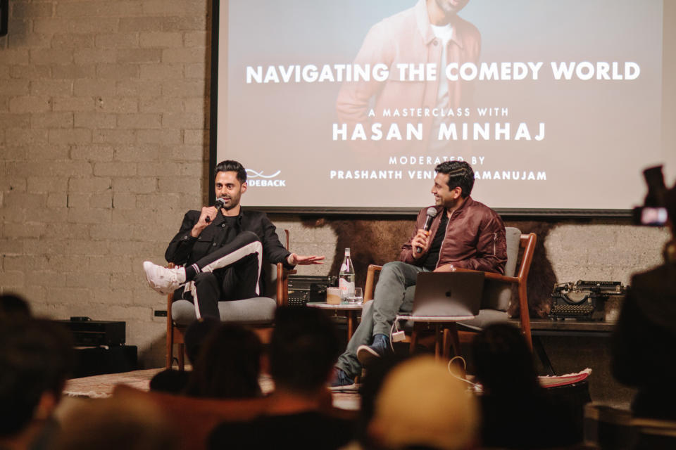 Hasan Minhaj and producing partner Prashanth Venkataramanujam at Rideback’s “Navigating the Comedy World” masterclass session. - Credit: Jenna Kim Photography