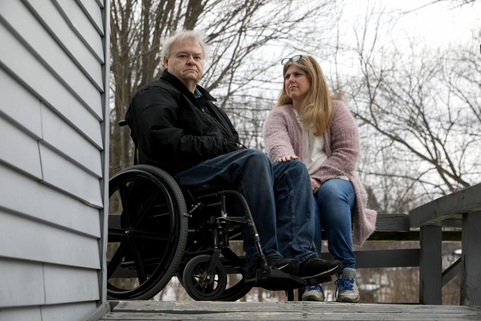 David and Jodi Schumaker at their Independence Township, Mich., home on Feb. 24, 2021, the day after a long ordeal and drive to find a COIVD-19 vaccine for David. It was a trip that took them on a 14-hour drive to Laurel, Miss. The Schumaker's desperate to get him a vaccine signed up with a pharmacy down there to get a shot but when they got there none were left for him.