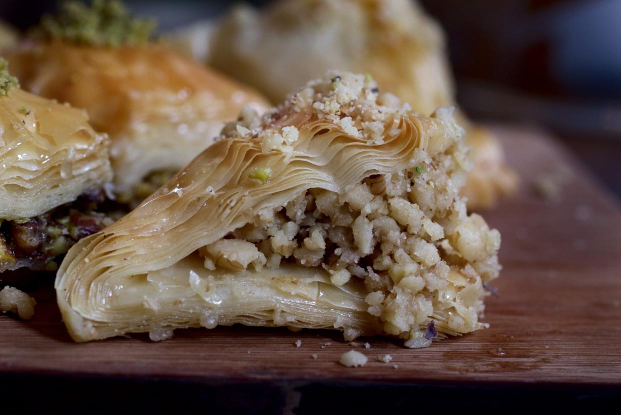 Stuffed walnut baklava is one of the treats at Aleppo Sweets, an authentic Syrian bakery in Providence.