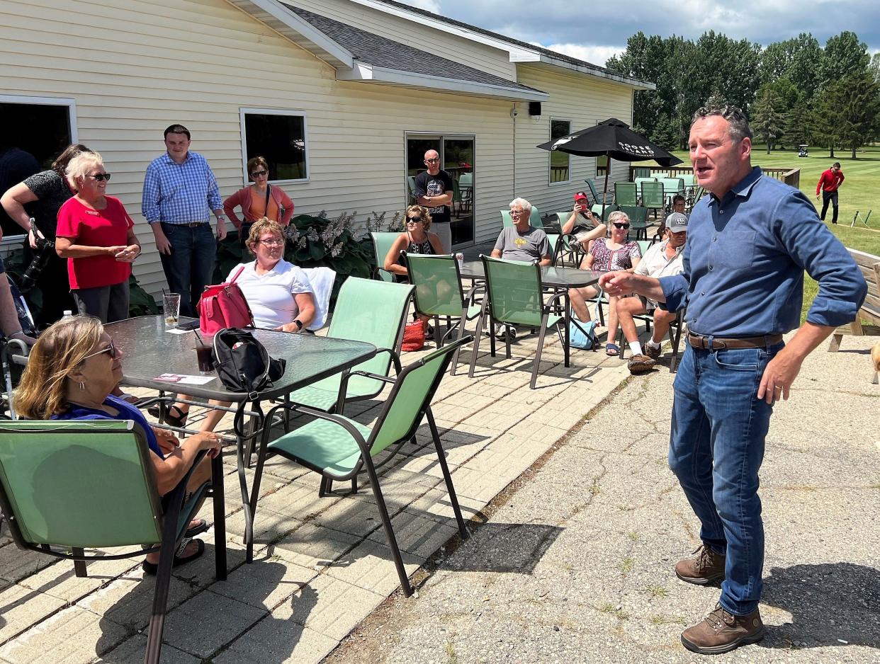 Republican candidate for governor Tim Michels campaigned at Irish Greens Golf Course outside of Oconto on Tuesday, July 12.