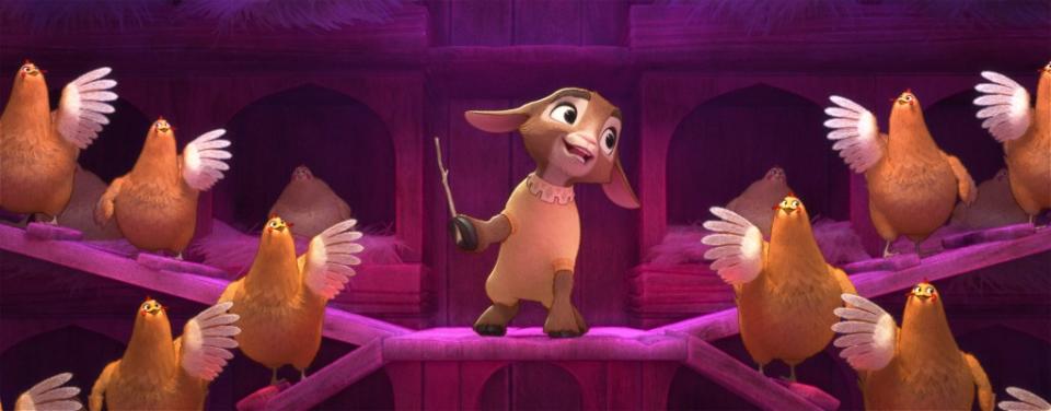 DANCING CHICKENS – In Walt Disney Animation Studios’ “Wish,” Asha’s pajama-wearing goat Valentino makes the most of the magic that accompanies a little ball of boundless energy called Star. © 2023 Disney. All Rights Reserved.